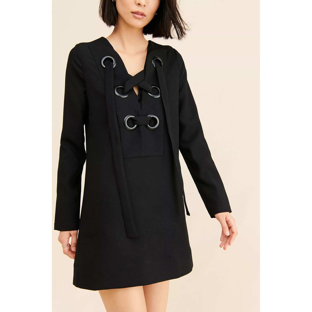 English‎ Factory Dress Grommet Lace Up Small Black Womens Mini LBD Long Sleeve